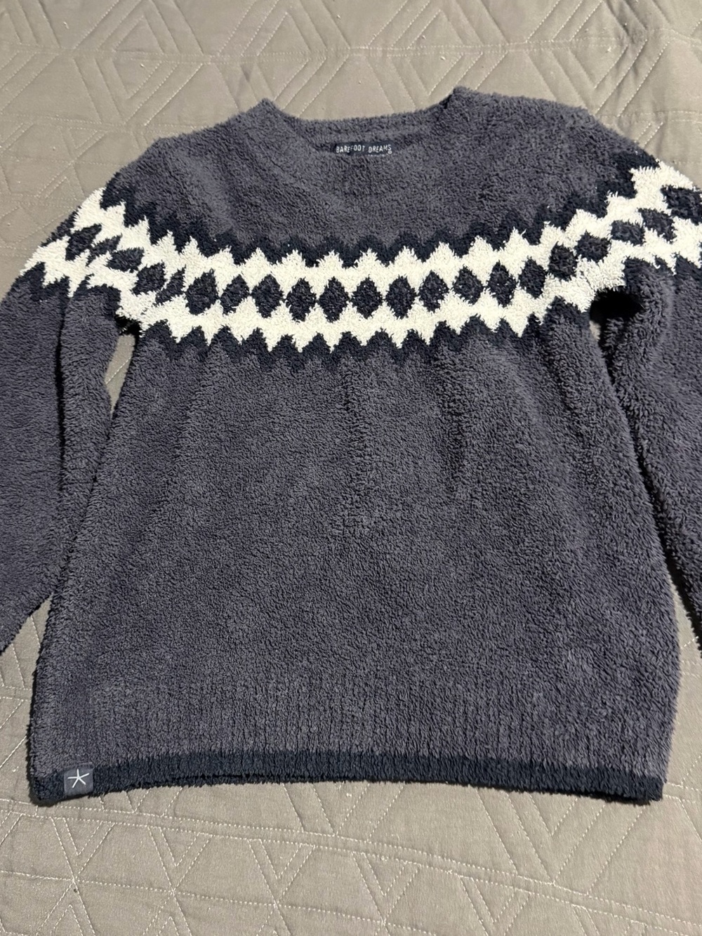 Barefoot Dreams Dark Gray Fuzzy Sweater with White Fair Isle Band